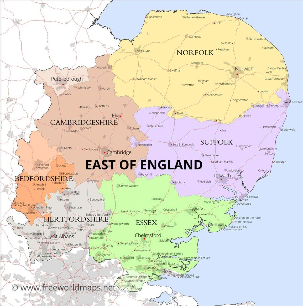 East of England map showing where Juice Web Solutions offers web design, SEO, and small business marketing services, including Ipswich, Felixstowe, Bury St Edmunds, Cambridge, Colchester, and Norwich.